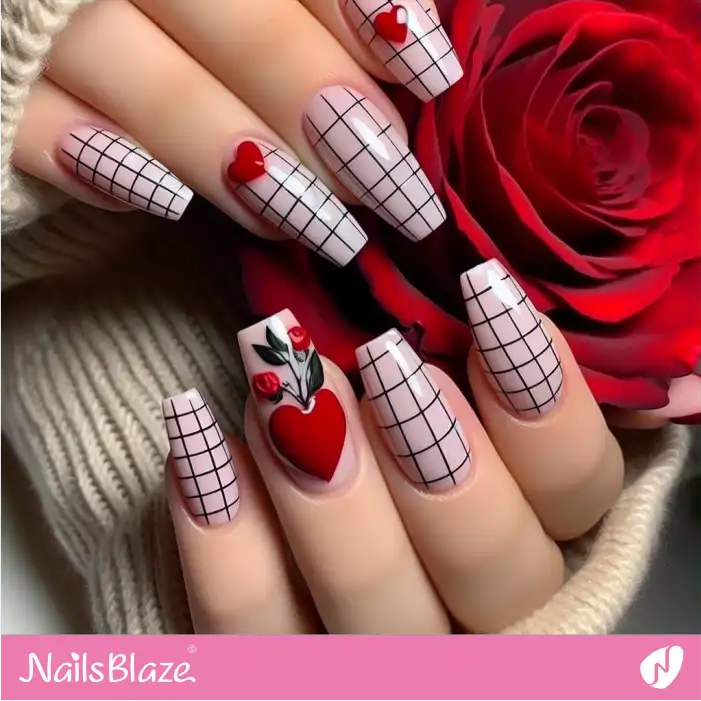 Grid Pattern Nails with Hearts and Flowers | Valentine Nails - NB2934